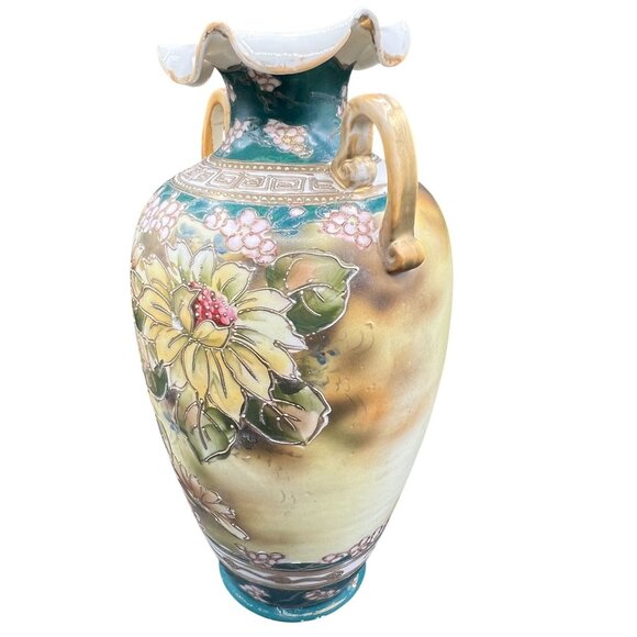 Nippon Rare Antique Hand Painted Floral Two Handed Vase Ruffled Rim 3D Bloomcore - Picture 9 of 15